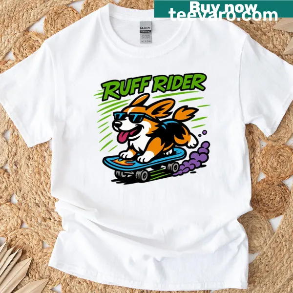 Corgi skateboarding graphic T-shirt
