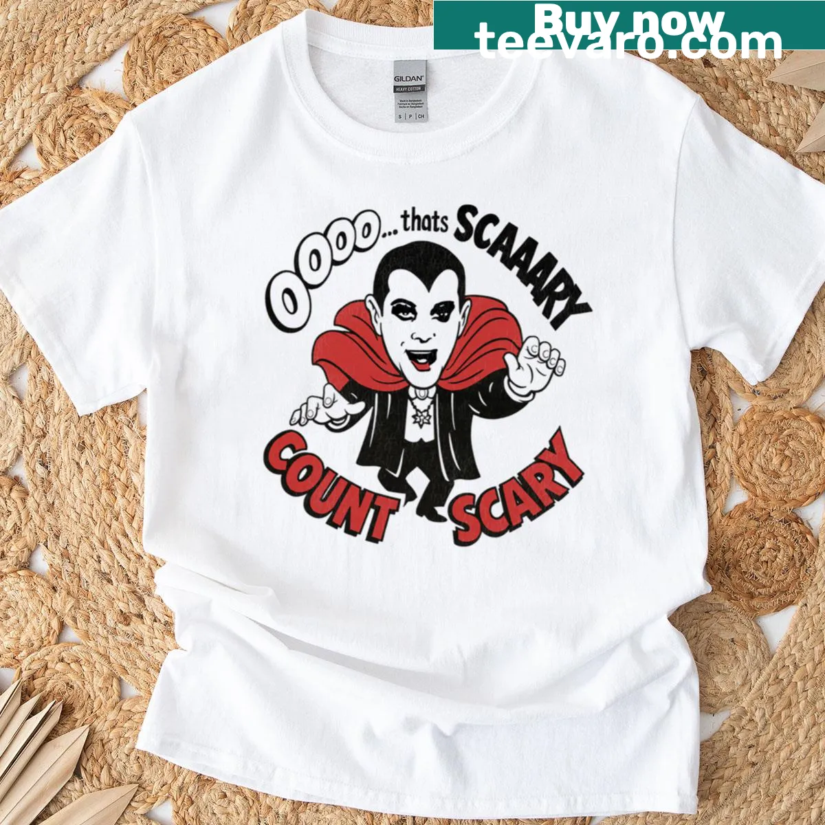 Nostalgic graphic of Count Scary, a horror host, on T-shirt — on a men's t-shirt