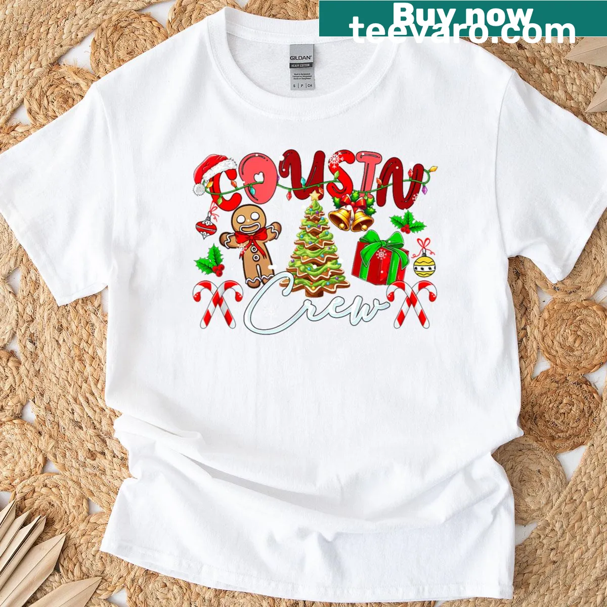 Kids Christmas T-shirt with tree and gingerbread design — on a men's t-shirt