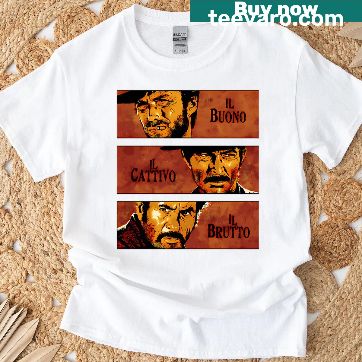 Retro t-shirt featuring classic cowboy film graphics. — on a men's t-shirt