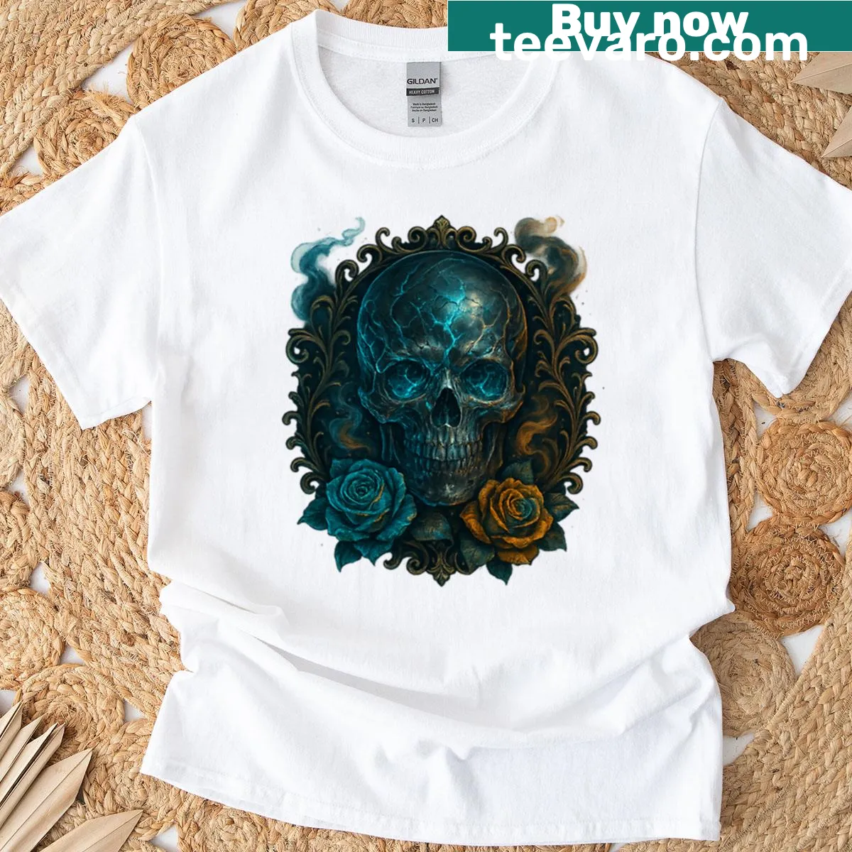 Cracked skull illustration with roses on T-shirt — on a men's t-shirt