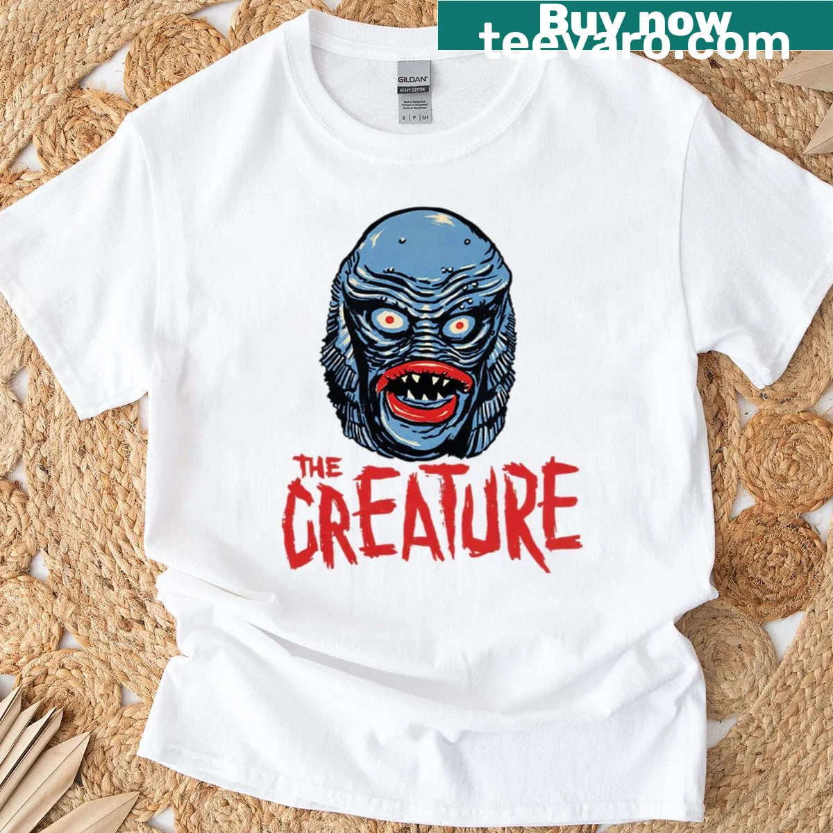 Illustrated t-shirt featuring a fearsome creature and horror elements — on a men's t-shirt