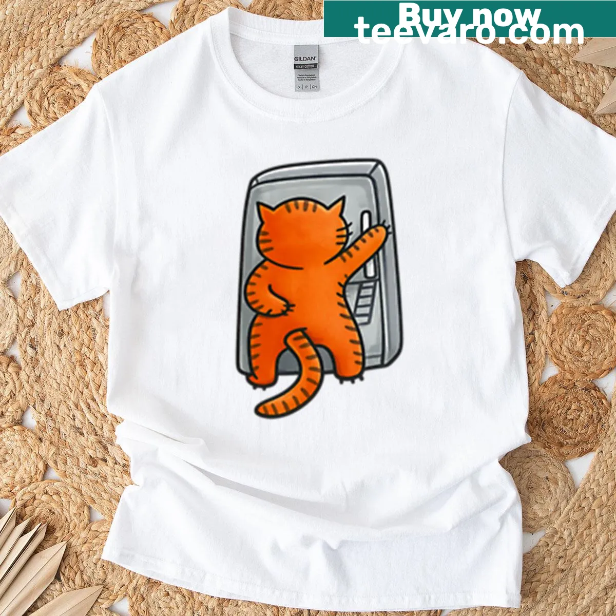 Cartoon illustration of an orange cat opening a fridge on T-shirt — on a men's t-shirt