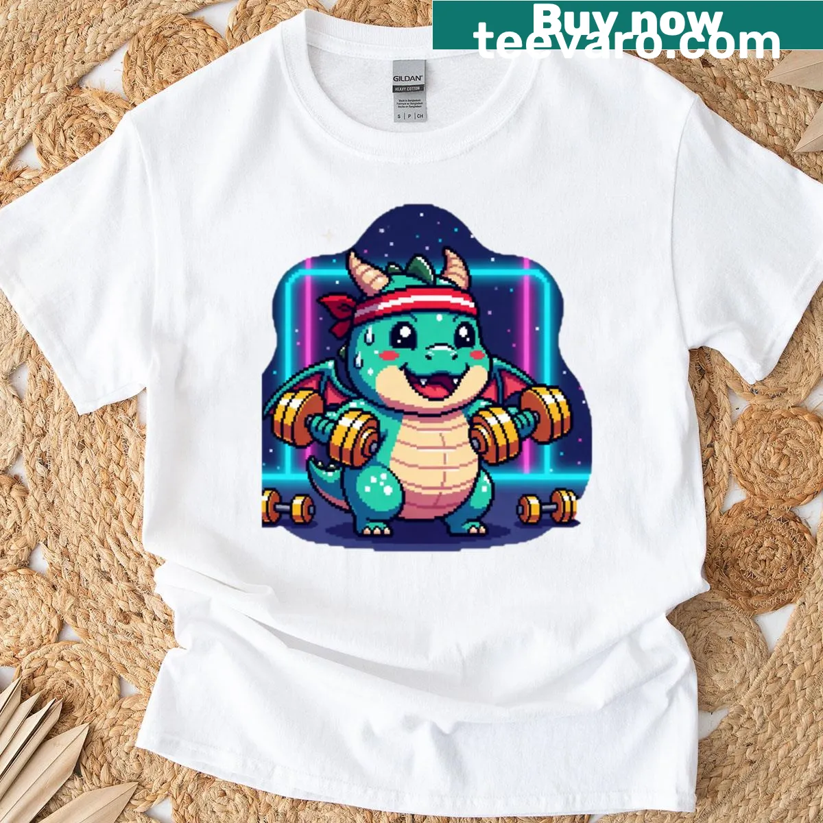 Pixel art baby dragon lifting weights in a cute workout T-shirt — on a men's t-shirt