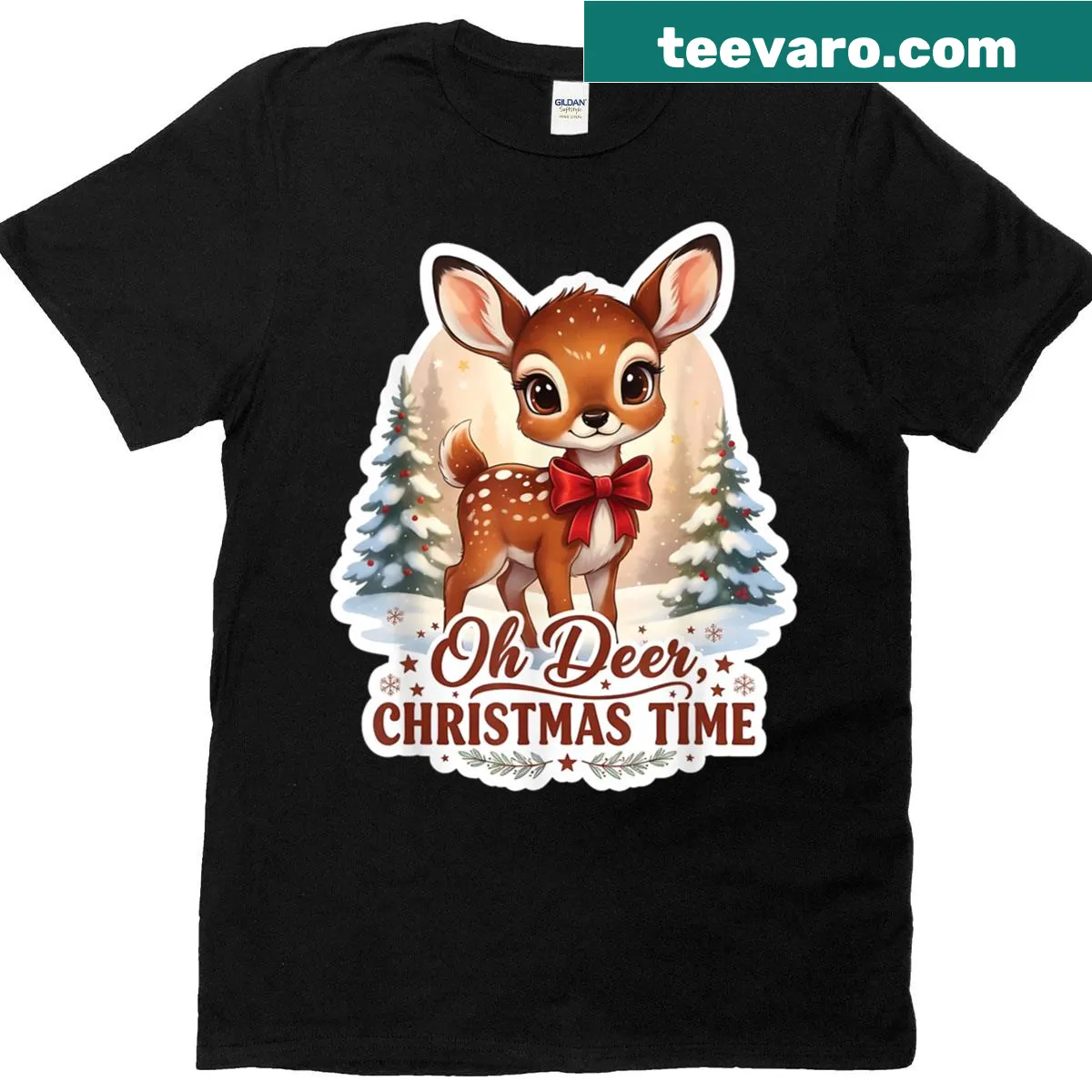 Cute holiday deer design with a red bow on t-shirt — on a men's t-shirt