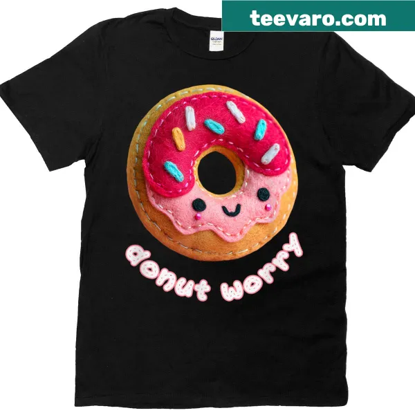 Kawaii donut with a happy face and 'Donut Worry' text