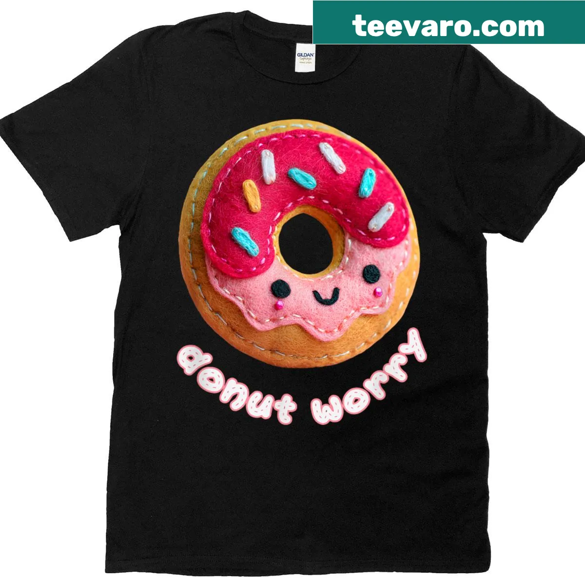 Kawaii donut with a happy face and 'Donut Worry' text — on a men's t-shirt