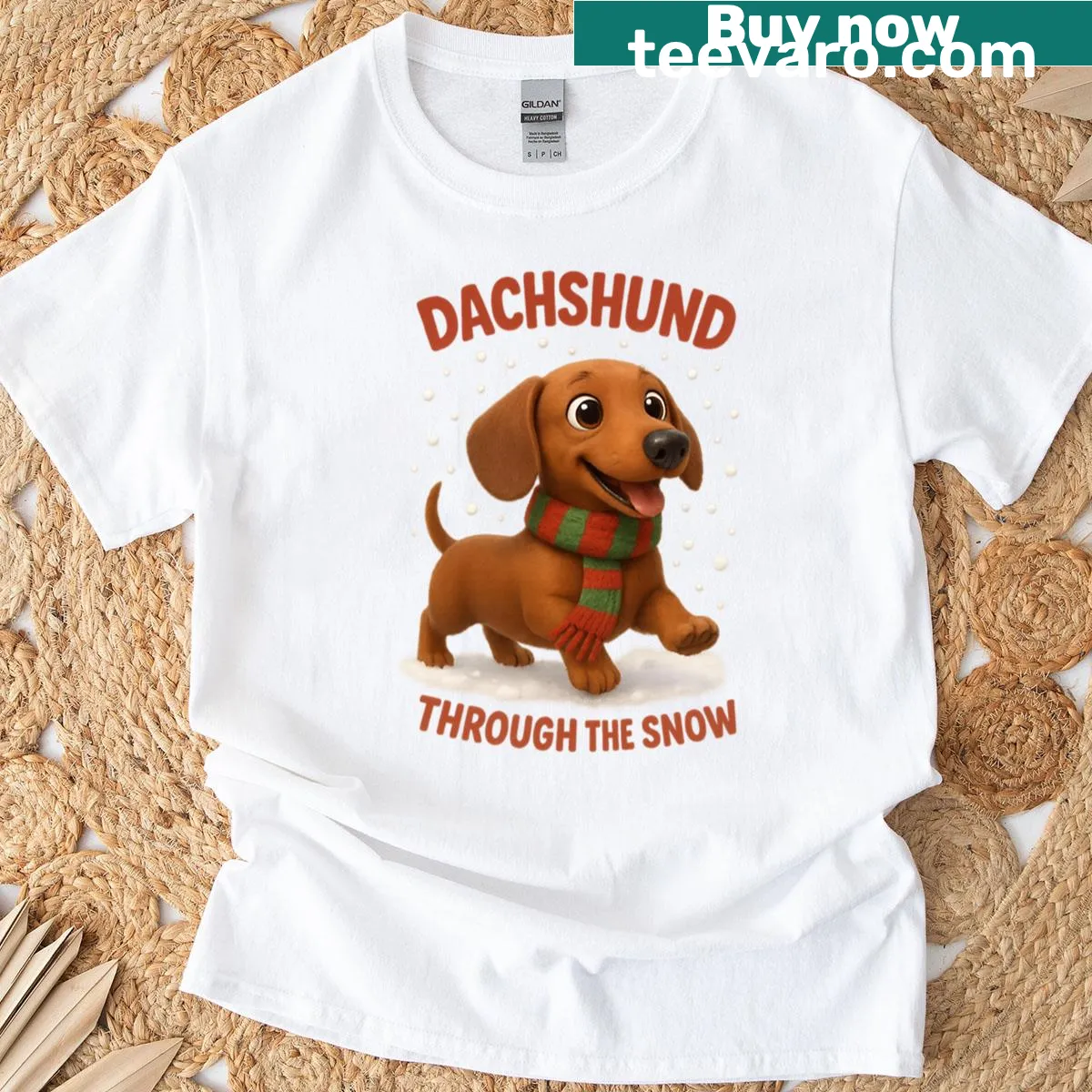 Cute dachshund in scarf graphic for Christmas T-shirt — on a men's t-shirt