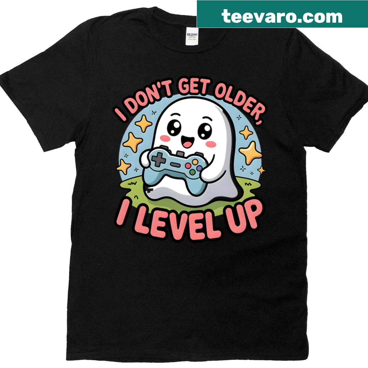 Cartoon ghost graphic with gaming elements for a humorous gamer shirt — on a men's t-shirt