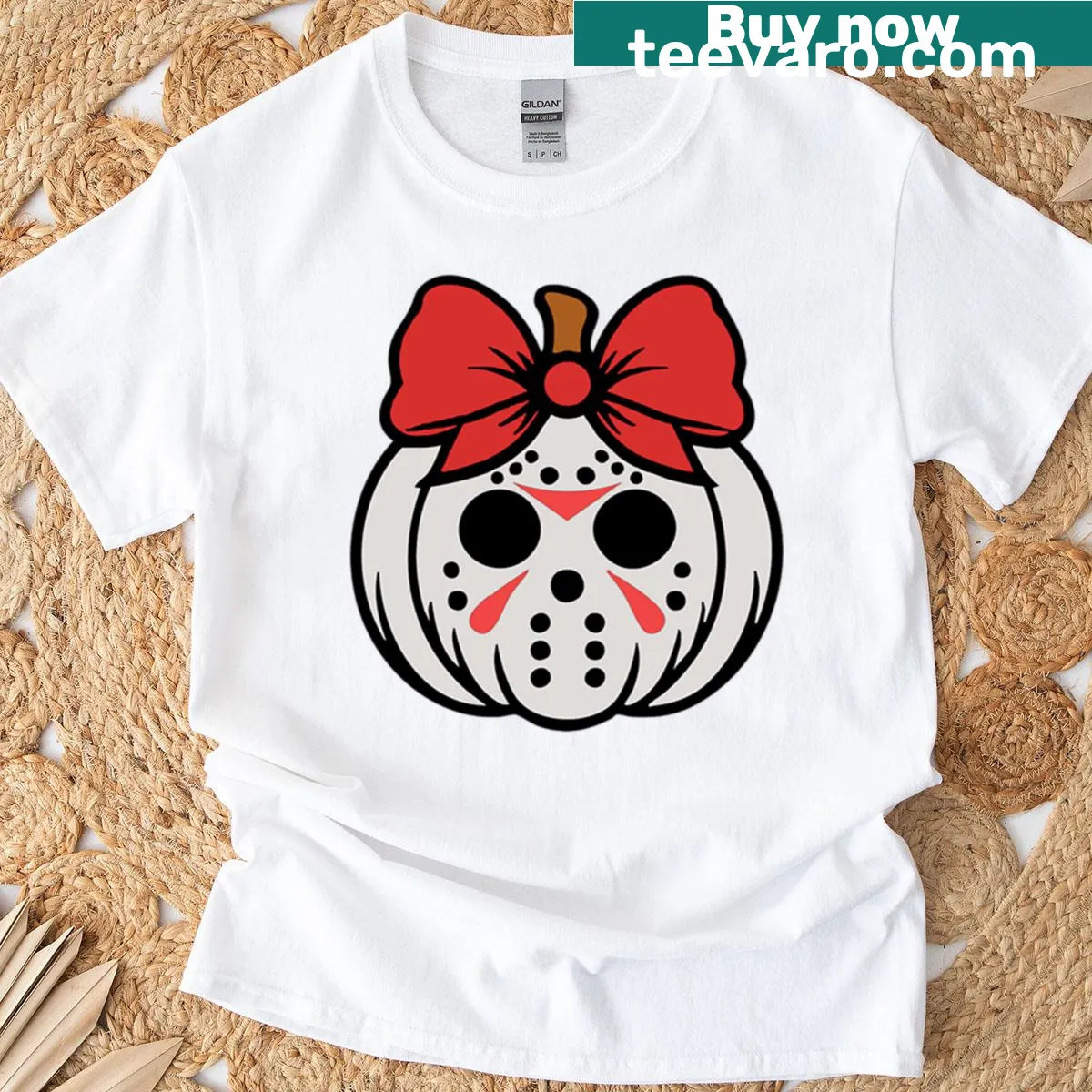 Cute Jason mask pumpkin cartoon illustration on T-shirt — on a men's t-shirt