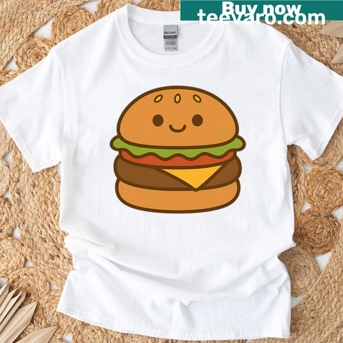 Kawaii cartoon burger character t-shirt designed for kids — on a men's t-shirt