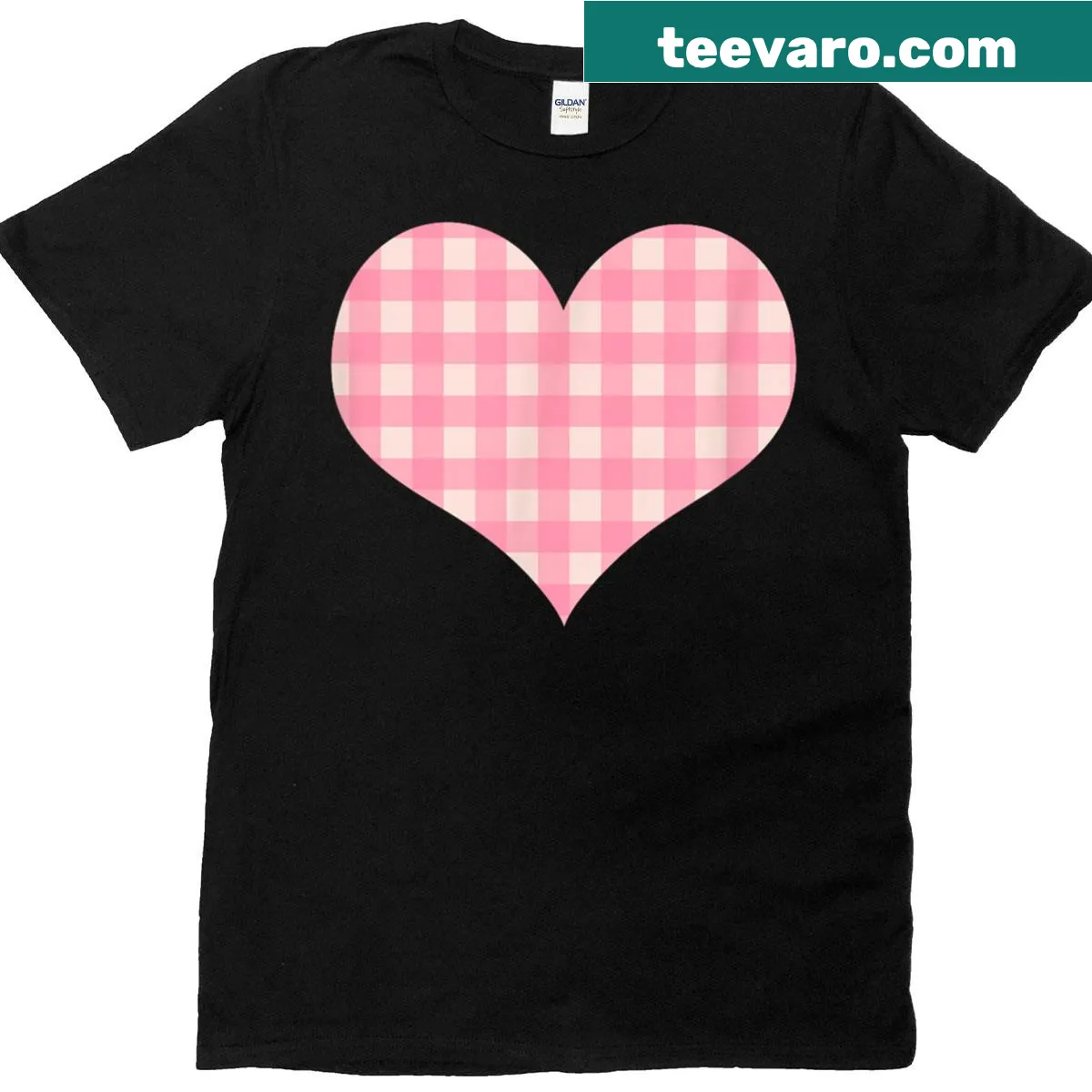 Light pink and cream gingham plaid checkered pattern T-shirt — on a men's t-shirt