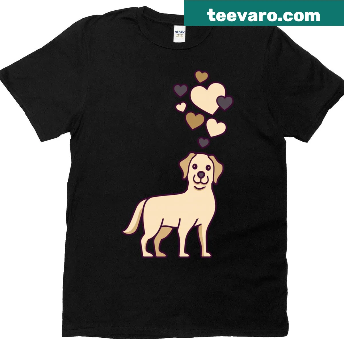 Illustration of a yellow Labrador Retriever surrounded by hearts — on a men's t-shirt