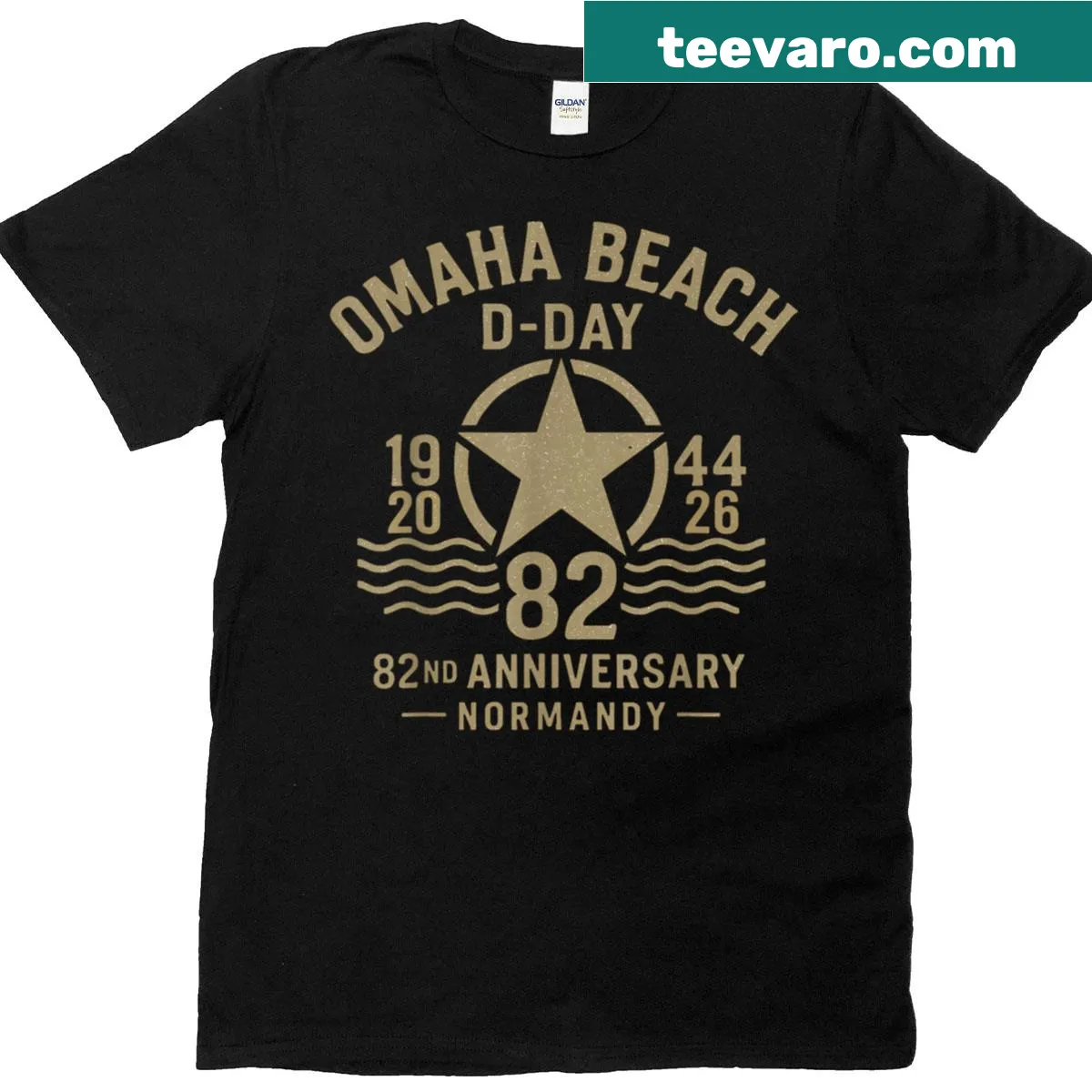 Vintage-style D-Day anniversary T-shirt with artistic Omaha Beach graphic — on a men's t-shirt