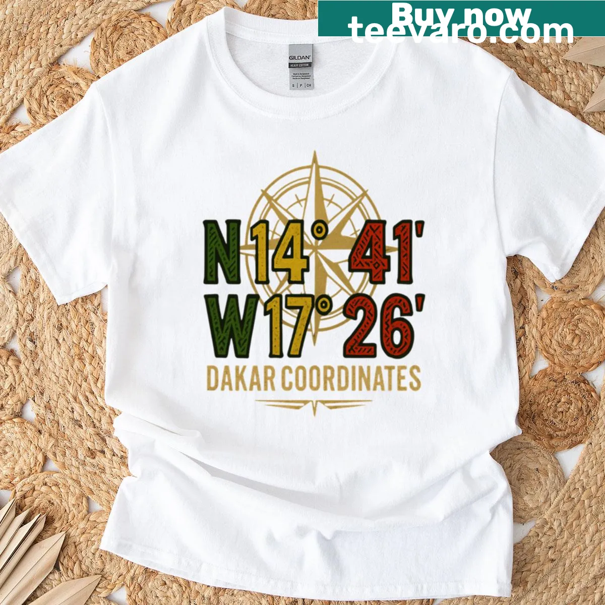Compass and African patterns T-shirt with Dakar coordinates — on a men's t-shirt