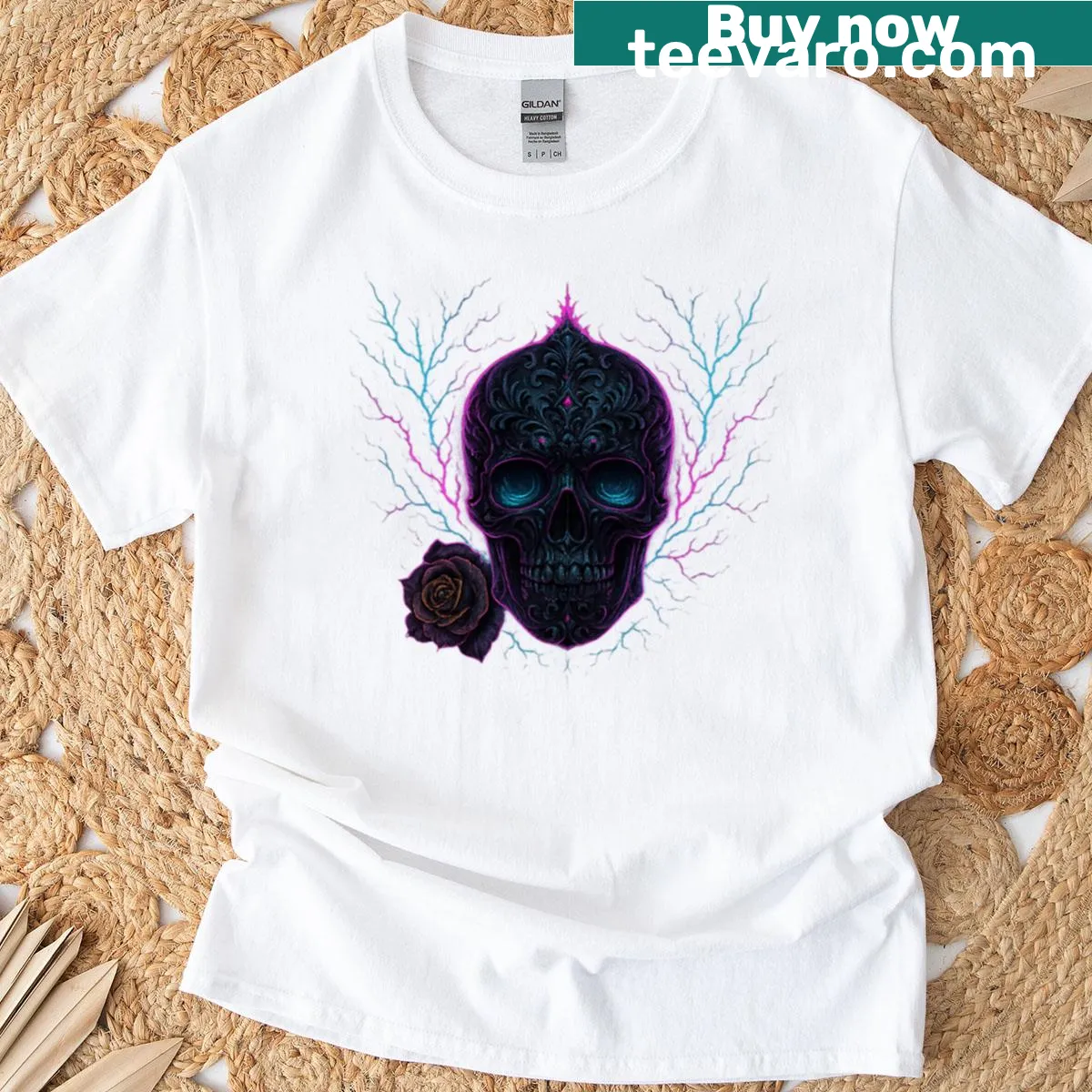 Skull graphic with purple lightning overlay — on a men's t-shirt