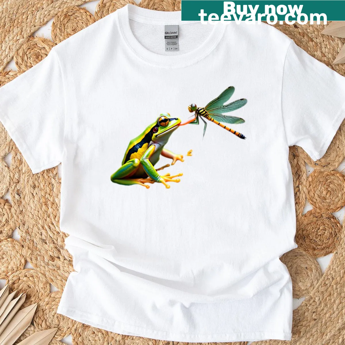Illustrated t-shirt showcasing a colorful dart frog — on a men's t-shirt