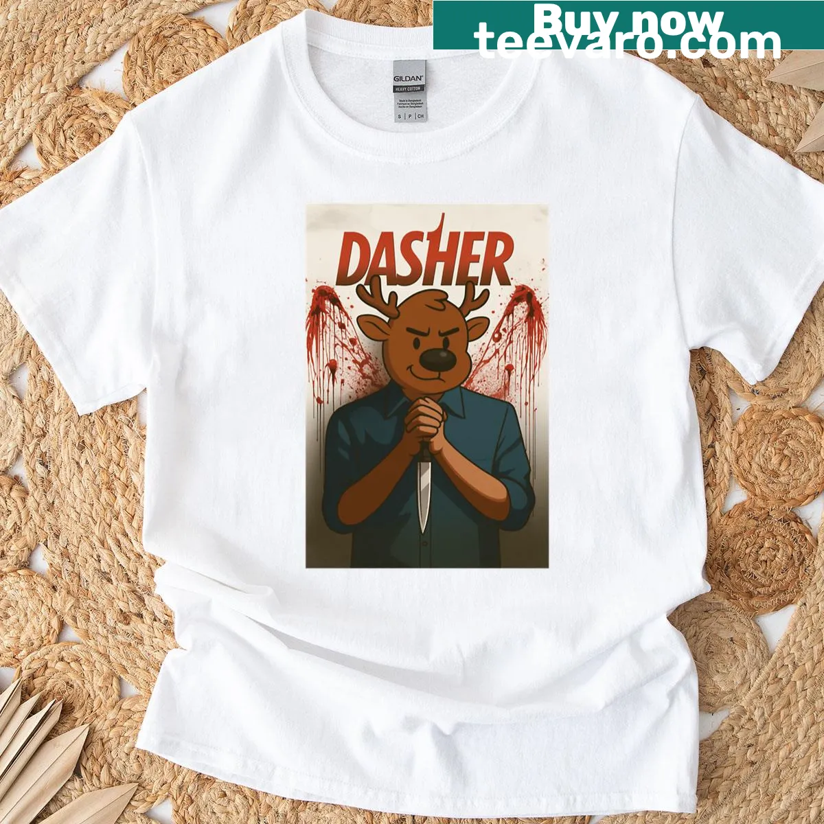 Illustrated T-shirt featuring Dasher the reindeer for Christmas — on a men's t-shirt