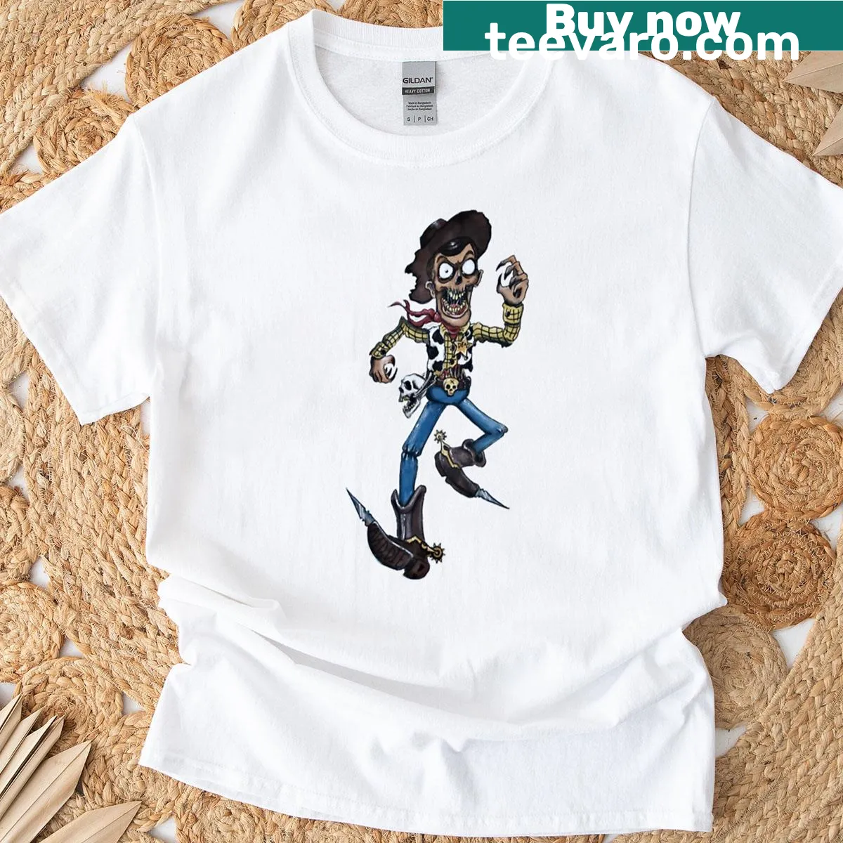 Cartoon style T-shirt featuring Deadw00d and Buzz Toys design — on a men's t-shirt