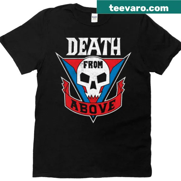 Illustrative Death From Above T-shirt featuring a military aircraft in action