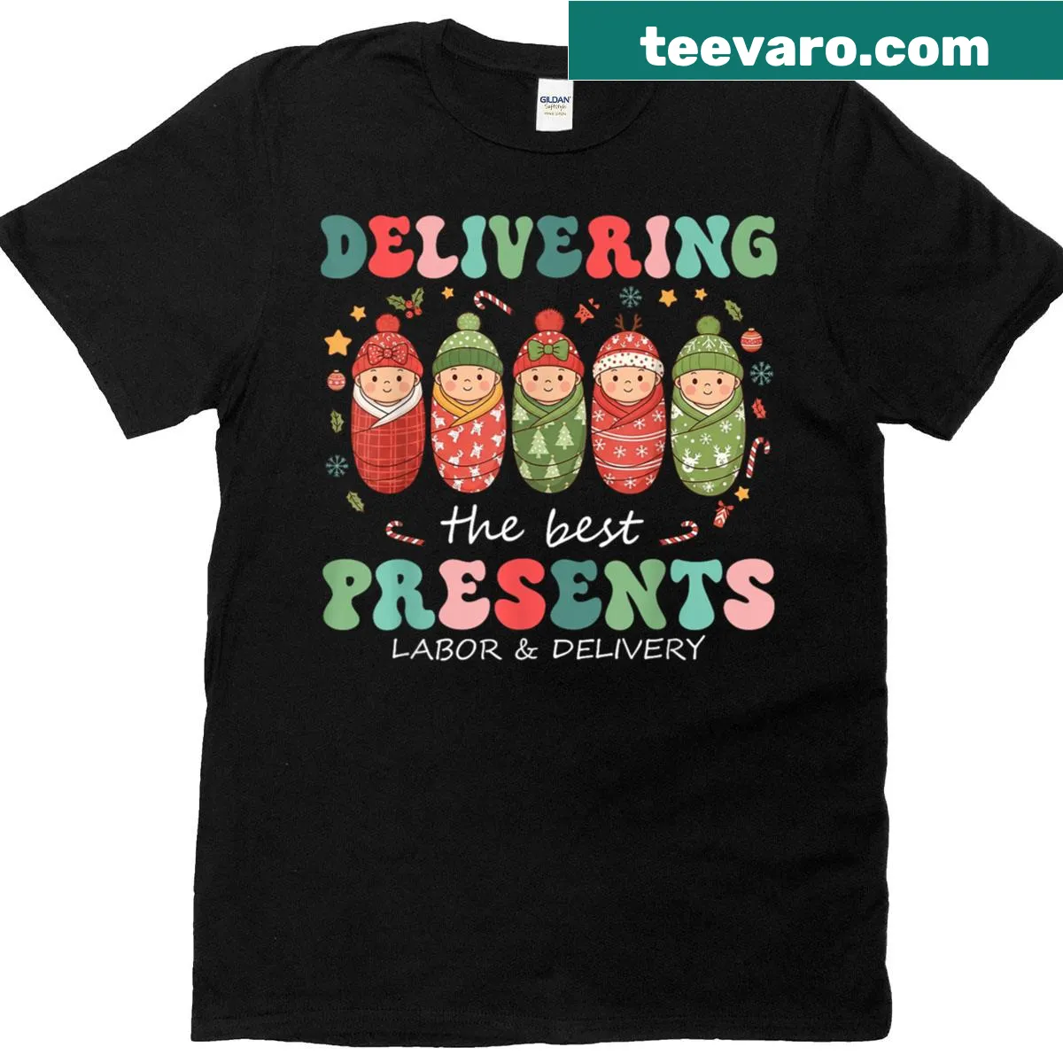 Funny Christmas t-shirt for delivery nurses with gifts and holiday theme — on a men's t-shirt