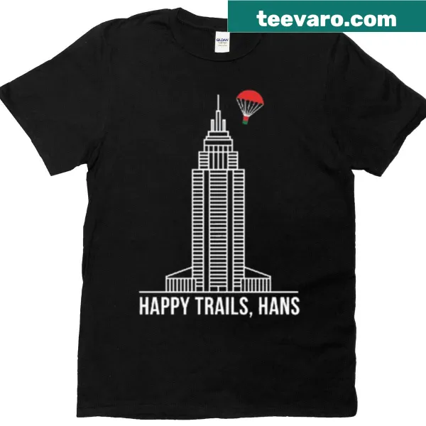 T-shirt with Nakatomi Plaza illustration and Happy Trails text
