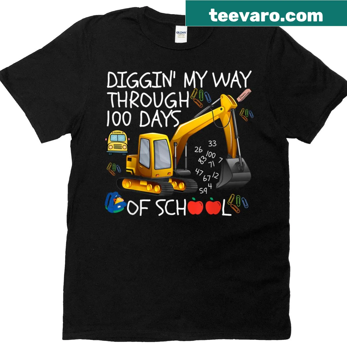 Cartoon excavator design for 100 days of school — on a men's t-shirt