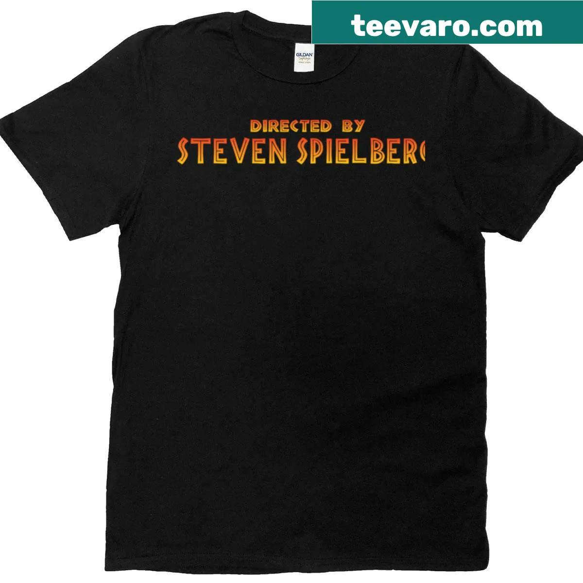 Oversized tribute T-shirt featuring 'Directed By Steven Spielberg' text — on a men's t-shirt