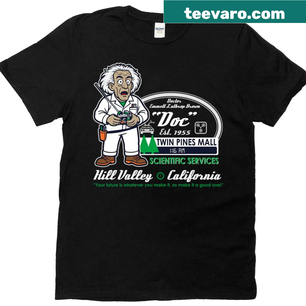 Doc Brown Scientific Services t-shirt featuring a fun design — on a men's t-shirt