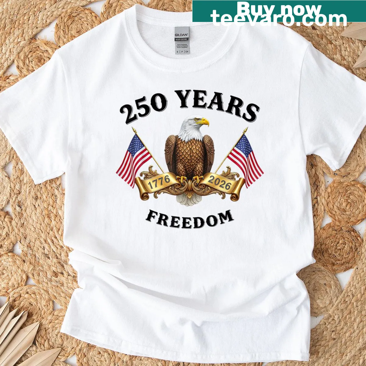 Patriotic T-shirt with eagle and flag design celebrating 250 years — on a men's t-shirt