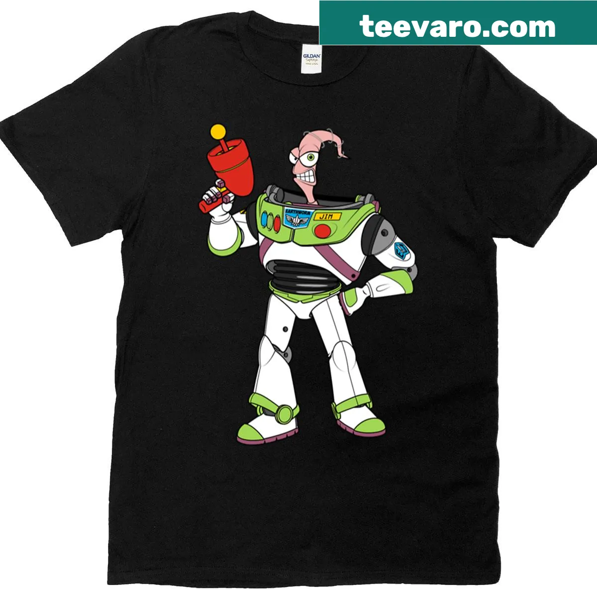 Illustrated t-shirt with Earthworm, Woody, and Buzz characters — on a men's t-shirt