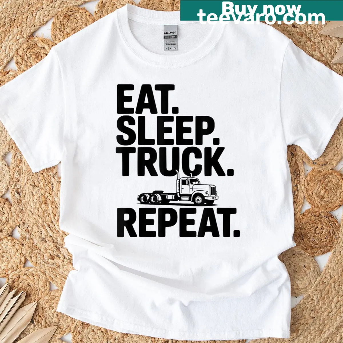 Funny t-shirt for truck lovers with the phrase Eat Sleep Truck Repeat — on a men's t-shirt