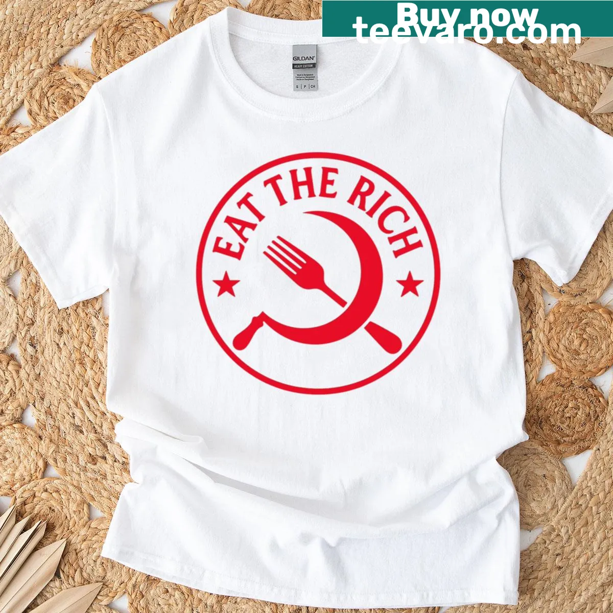 Bold typographic design with the phrase 'Eat The Rich' — on a men's t-shirt