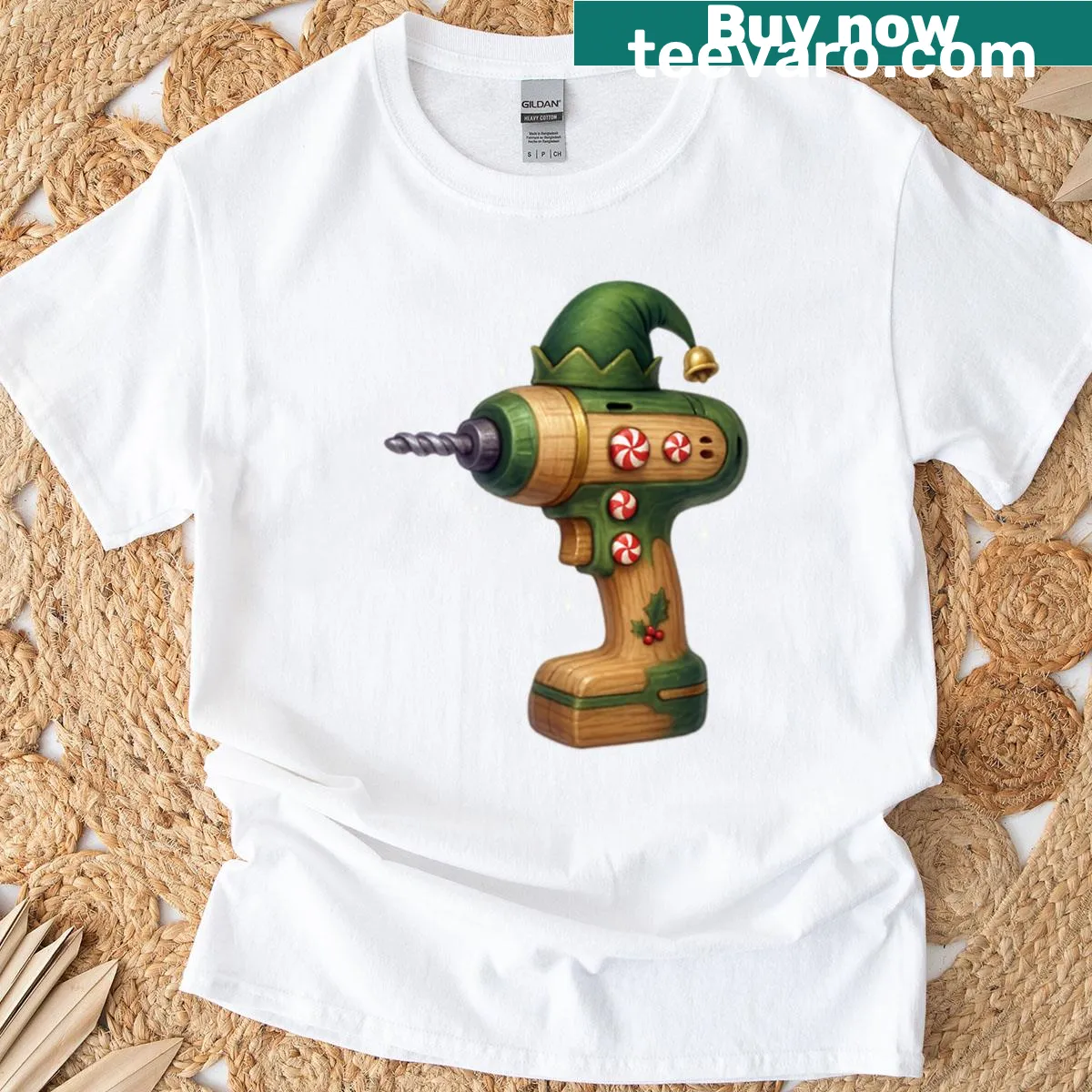 Elf with a power drill graphic on festive T-shirt — on a men's t-shirt