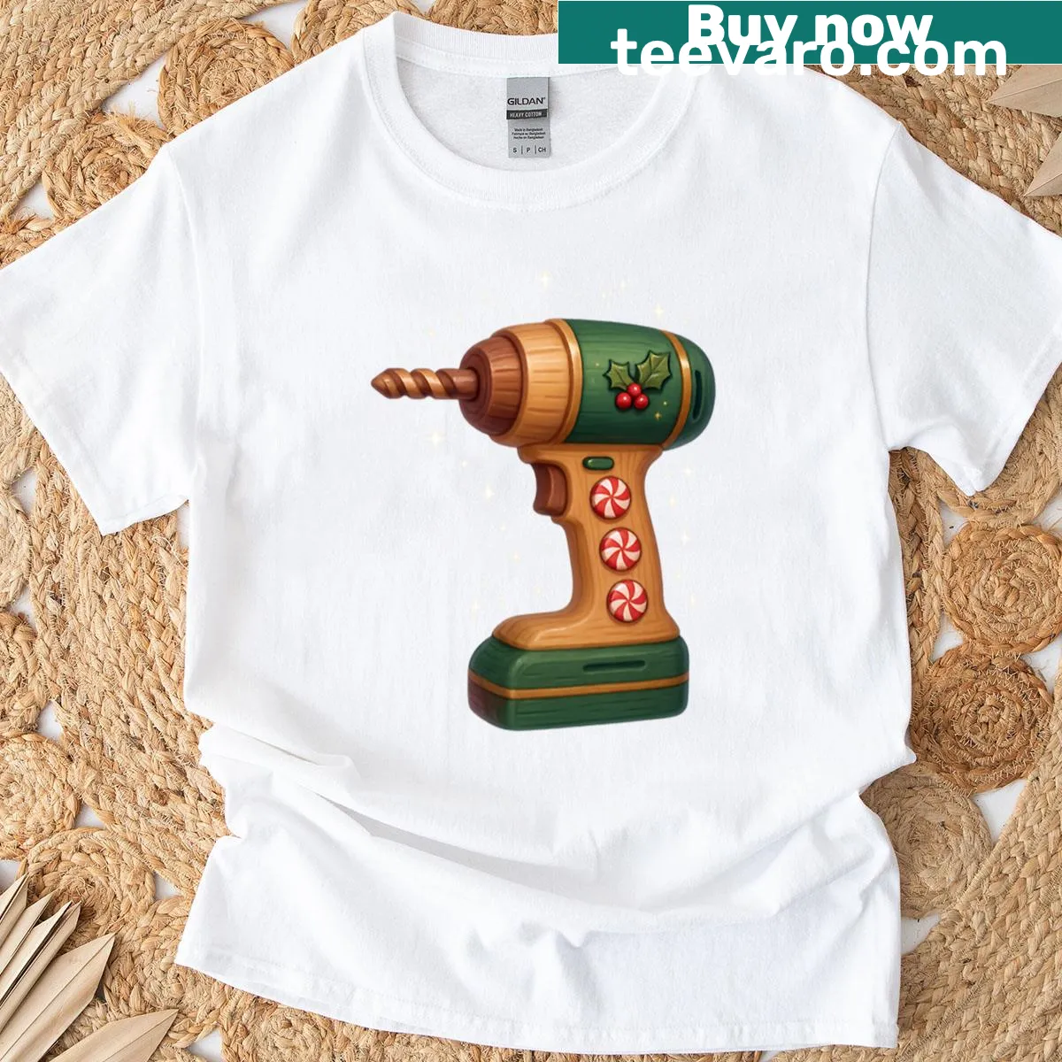 Elf with power drill on holiday-themed T-shirt — on a men's t-shirt