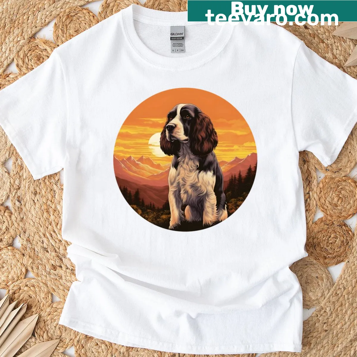 Vintage-inspired English Springer Spaniel silhouette t-shirt — on a men's t-shirt