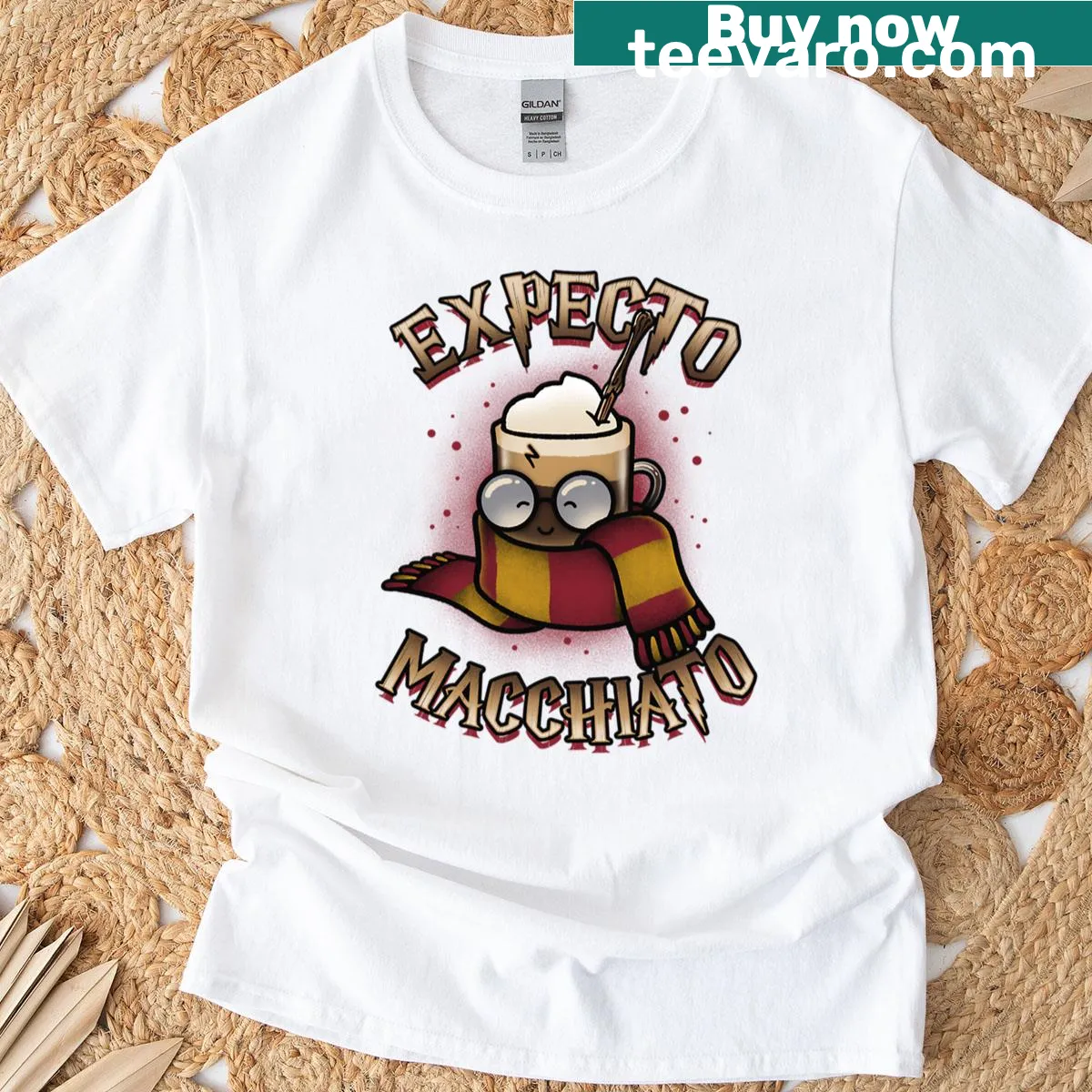 Oversized Expecto Macchiato coffee-themed t-shirt — on a men's t-shirt