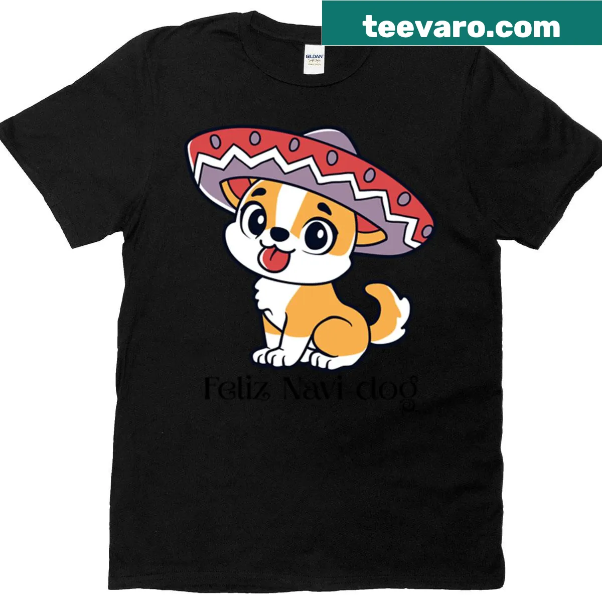 Kawaii-style Christmas dogs with text 'Feliz Navi Dog' — on a men's t-shirt