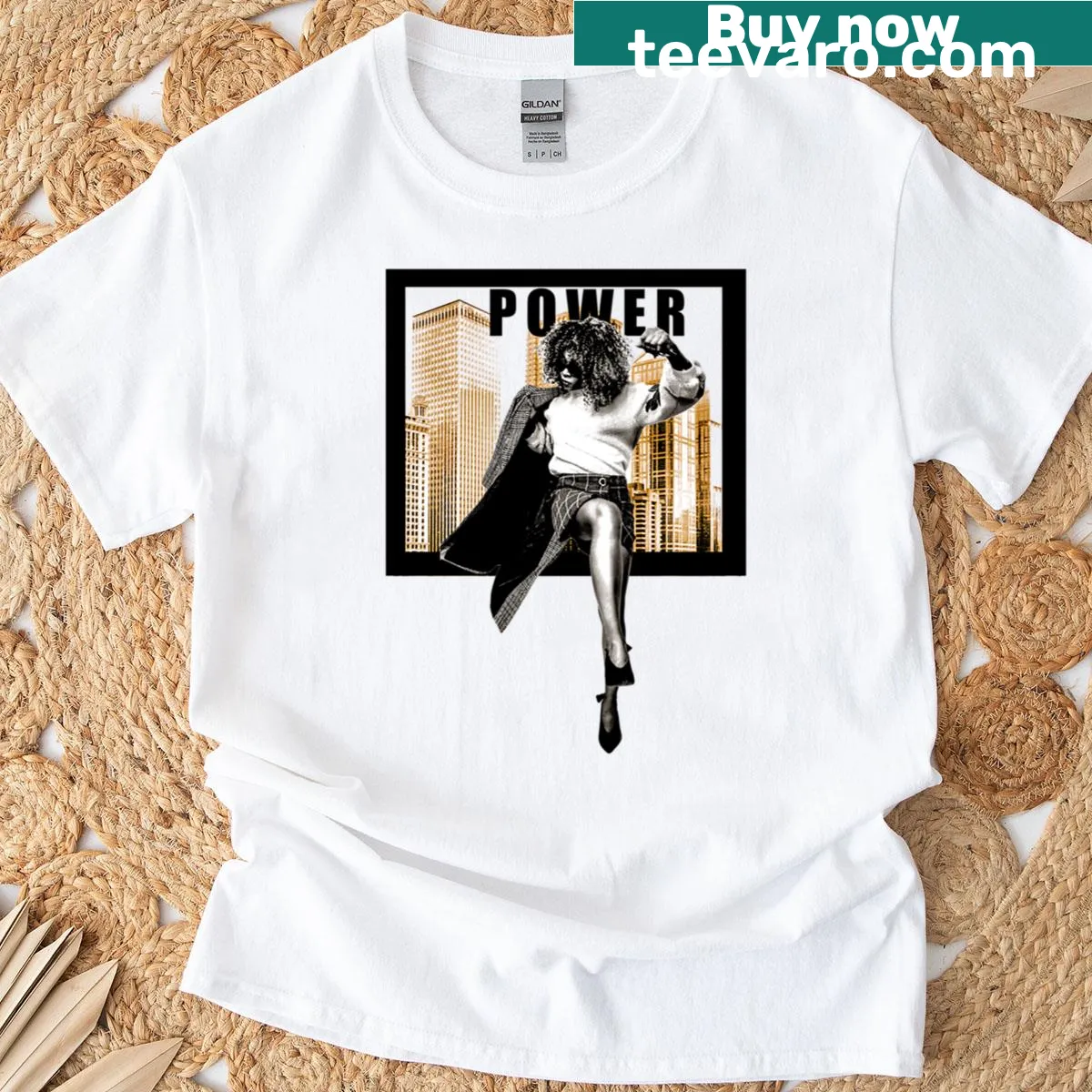 Illustration of women in powerful poses celebrating femininity — on a men's t-shirt