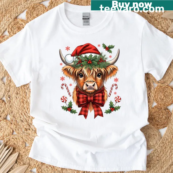 Cute T-shirt with a festive Highland cow illustration