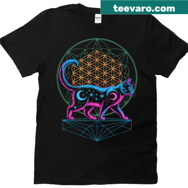 Illustrative T-shirt featuring a cat on a starlit path with floral designs