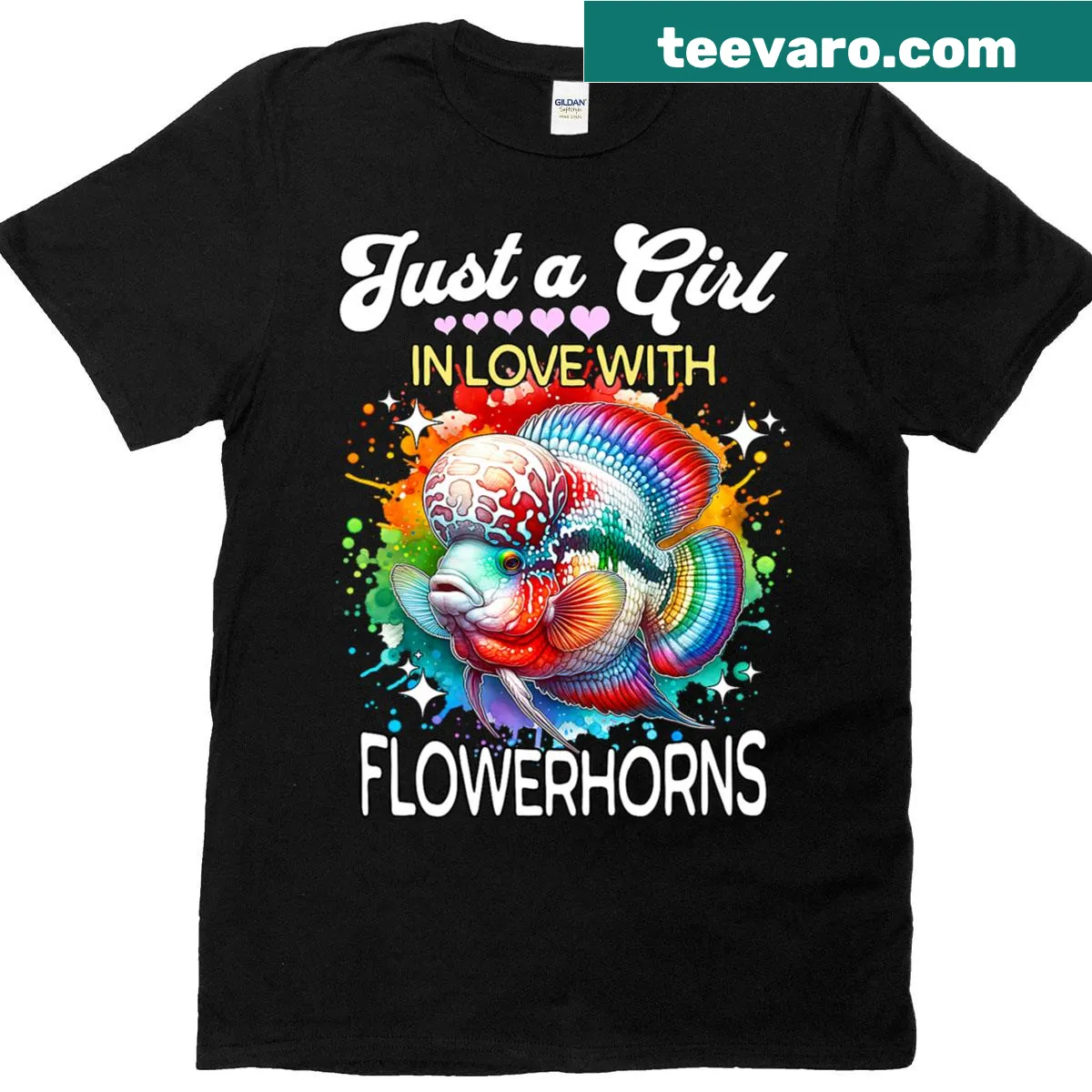 Detailed illustration of a Flowerhorn Cichlid on a t-shirt — on a men's t-shirt