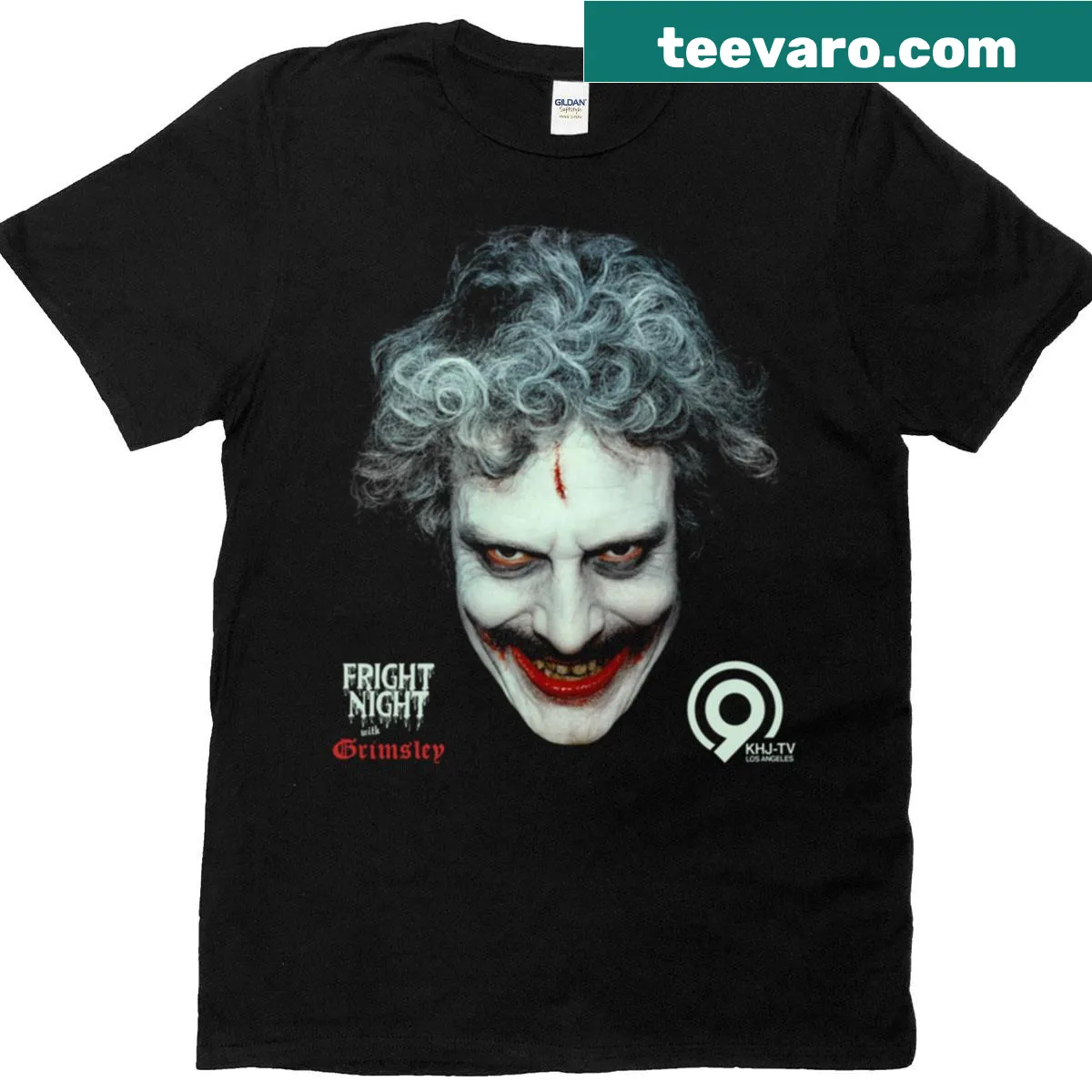Oversized horror-themed T-shirt featuring 'Fright Night With Grimsley' — on a men's t-shirt