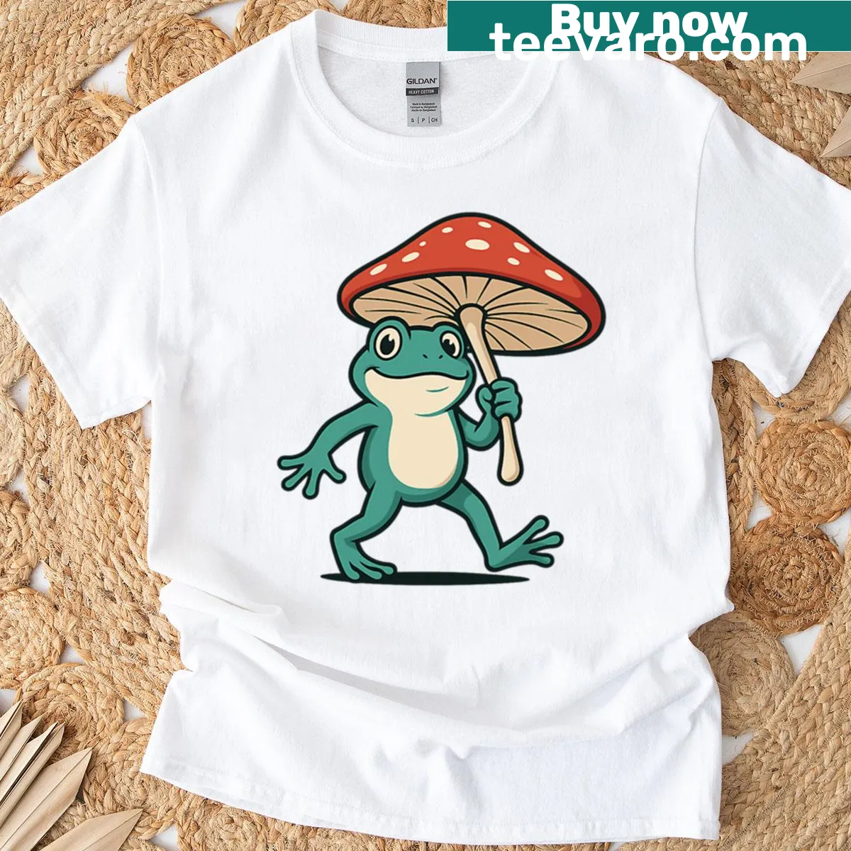 Cute illustration of a frog with a mushroom umbrella on a T-shirt — on a men's t-shirt