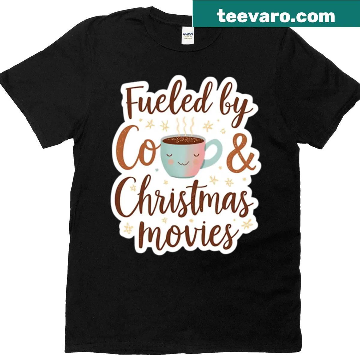 Cozy oversized Christmas shirt with quote about cocoa and movies — on a men's t-shirt