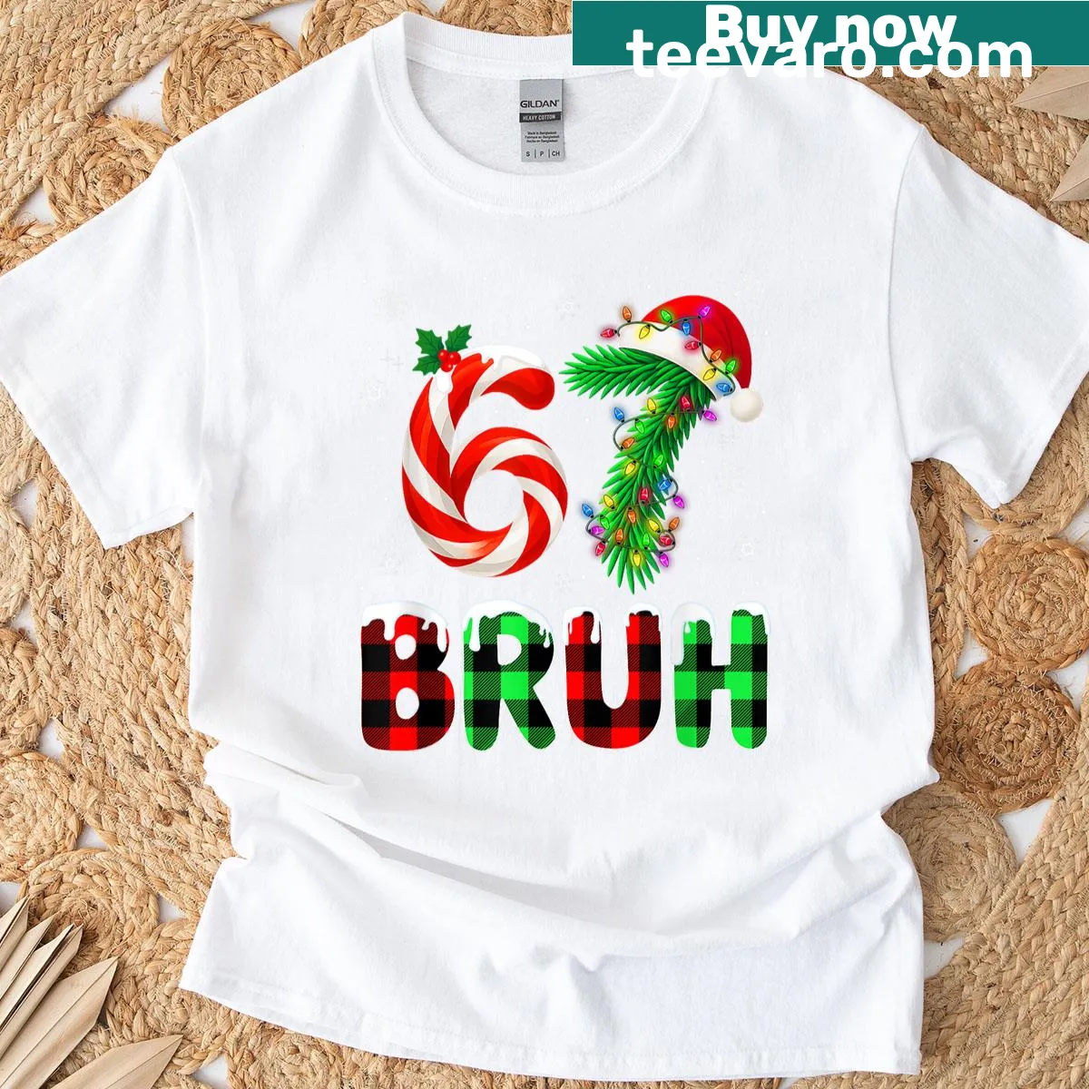 Funny Christmas t-shirt with 'Bruh 67' meme graphic for kids — on a men's t-shirt