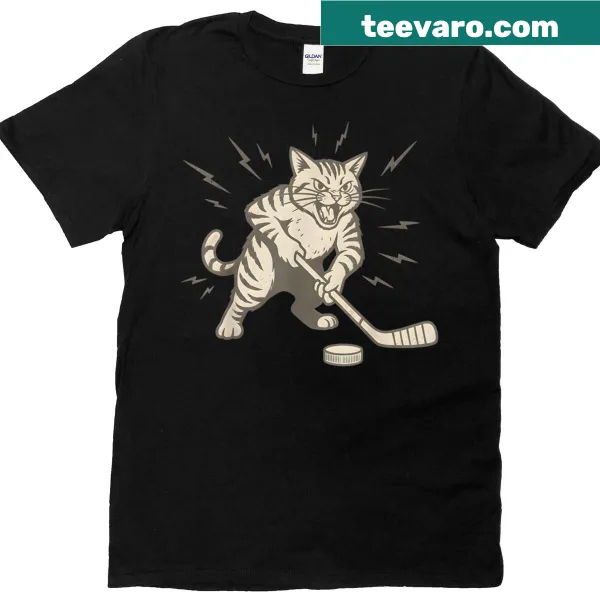 Humorous t-shirt with a cartoon cat playing ice hockey