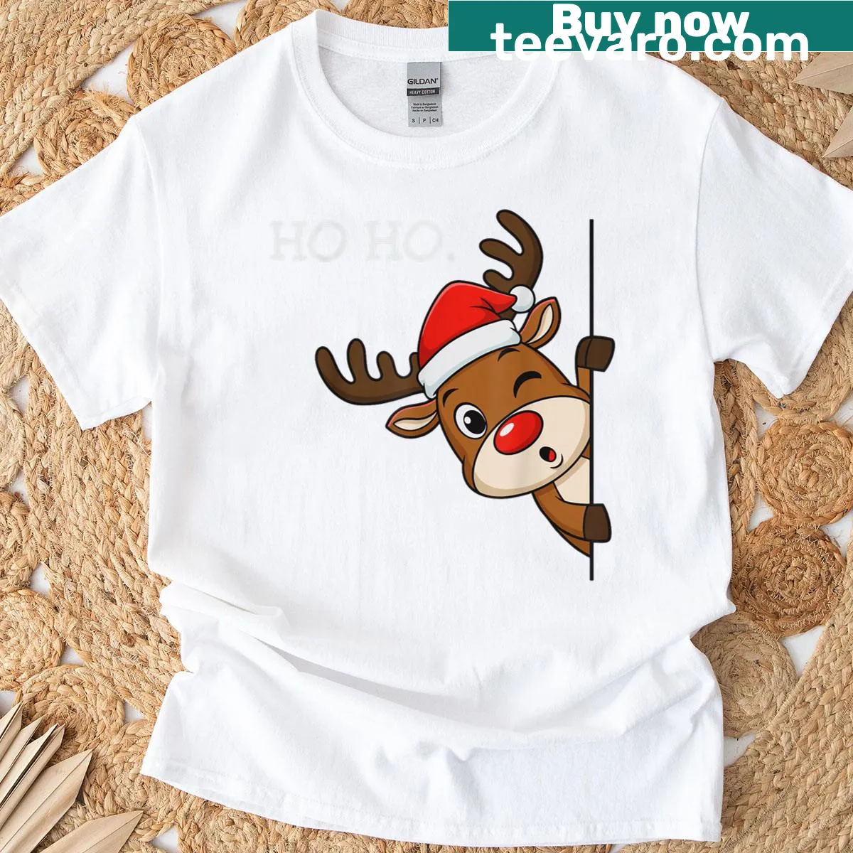 Cute Christmas reindeer design with 'Ho Ho' text — on a men's t-shirt