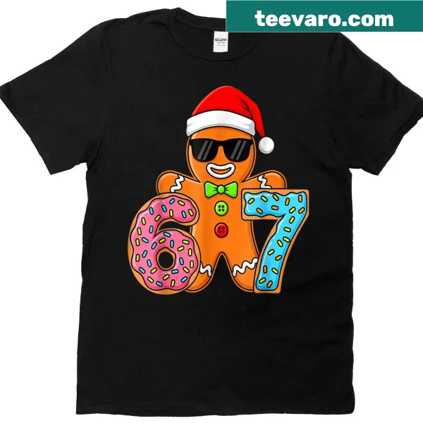 Gingerbread character T-shirt with ice cream drip and '67' text