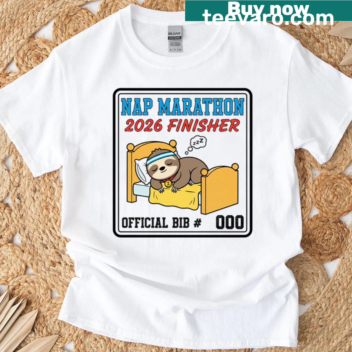 Humorous 'Nap Marathon' New Year resolution t-shirt — on a men's t-shirt